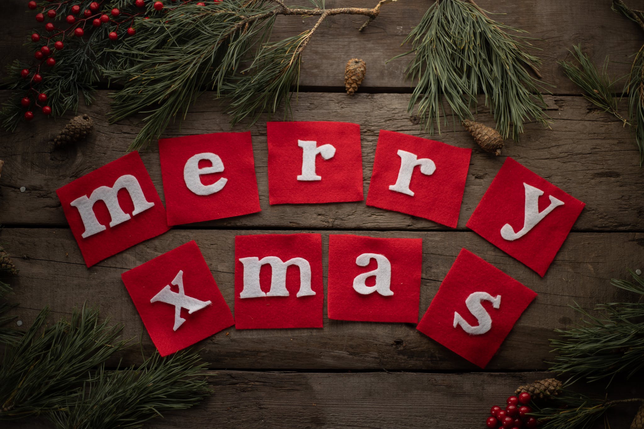 From above composition of semi circled inscription Merry Xmas on timber background framed with pine sprigs holly berries and cones