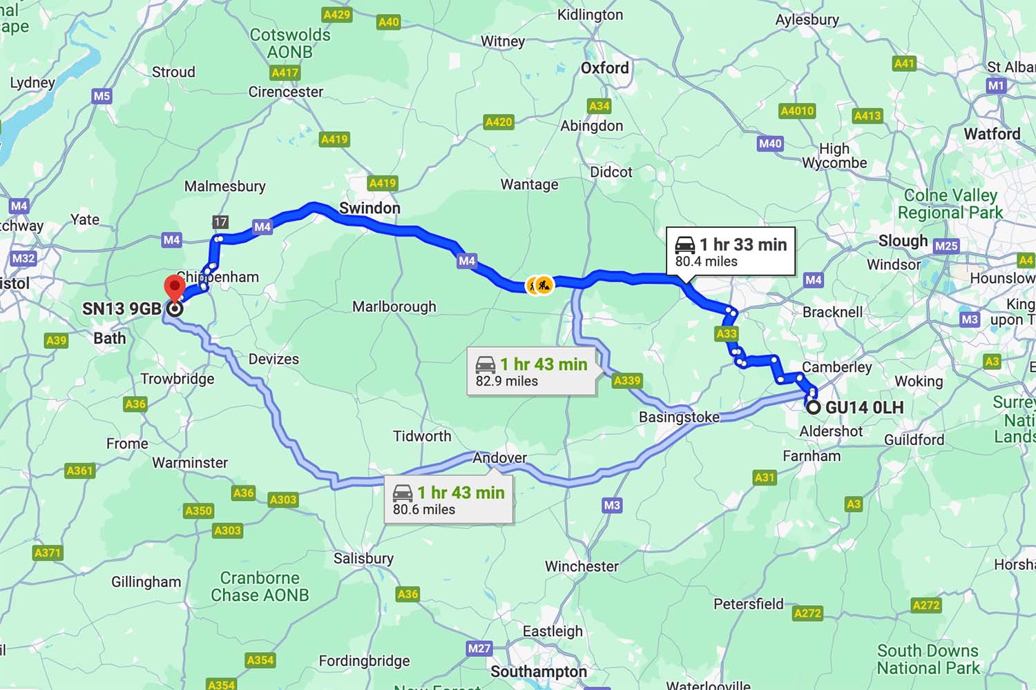 google map showing the driving distance between ark farnborough and ark corsham